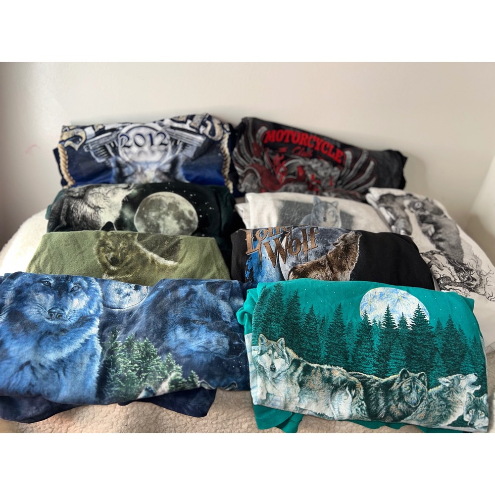 Mens Vintage Wolf Graphic T-Shirt The Mountain Sturgis Biker Lot‎ of 9 L/XL